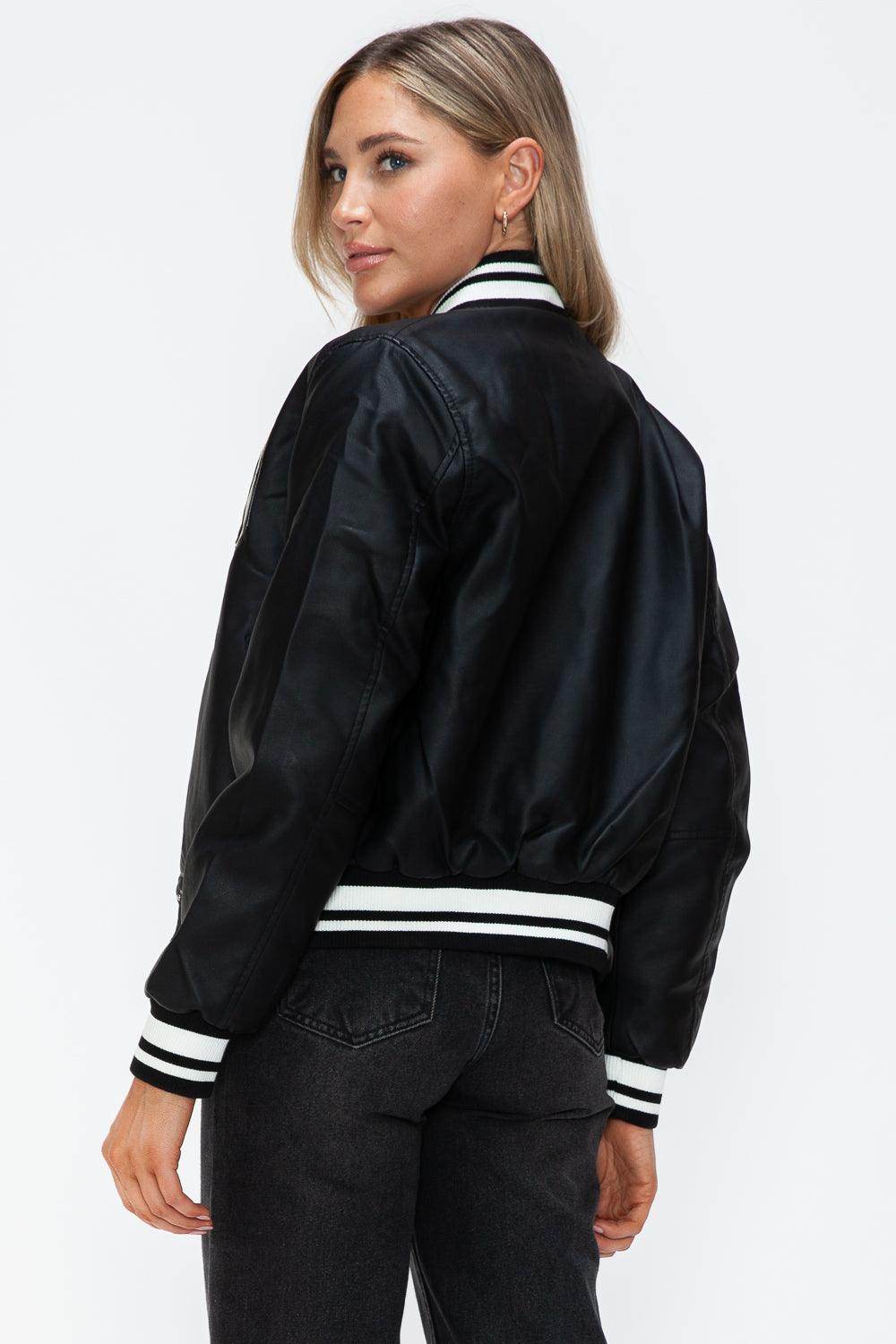 Love Me Now PU Leather Contrast Snap Down Bomber Jacket - Selvanelle