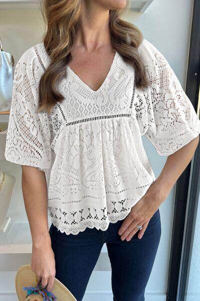 Lace Crochet Hollowed Scallop Hem V Neck Blouse for Women - Selvanelle
