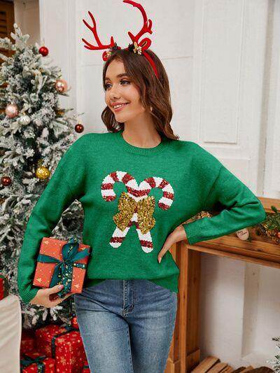 Sequin Candy Cane Round Neck Long Sleeve Sweater for Women - Selvanelle