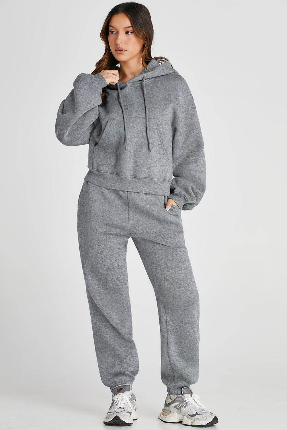 Dropped Shoulder Hooded Top and Pants Active Set for Women - Selvanelle