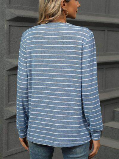 Striped Notched Long Sleeve T-Shirt for Casual Style - Selvanelle