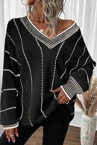 Striped V-Neck Long Sleeve Sweater for Women Fashion - Selvanelle