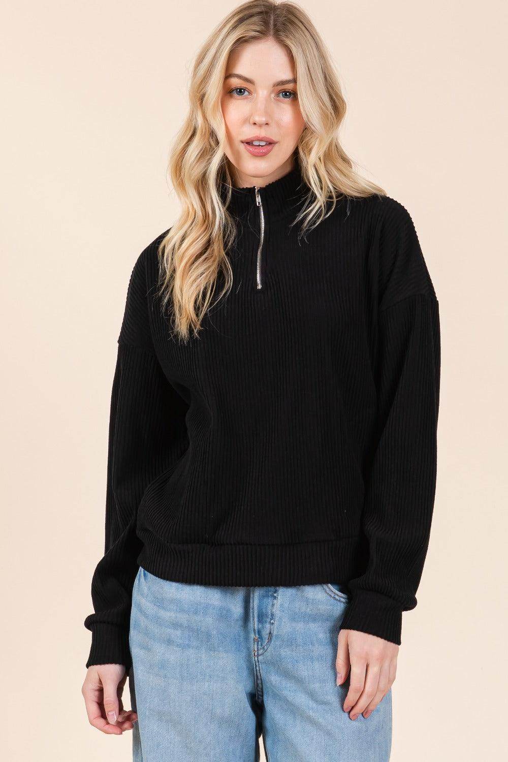 BOMBOM Quarter Zip Long Sleeve Sweatshirt with Pockets - Selvanelle