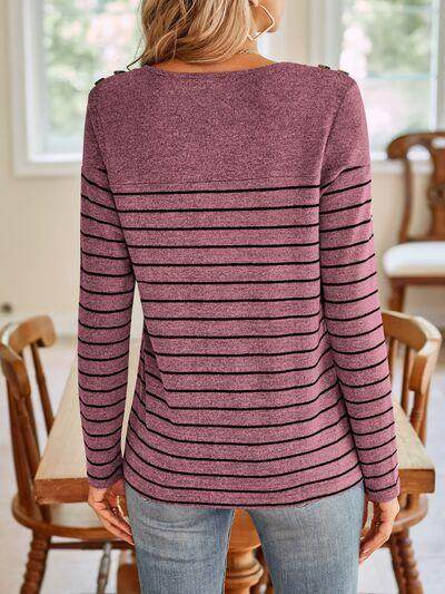 Lovelet Striped Round Neck Long Sleeve T-Shirt for Women - Selvanelle