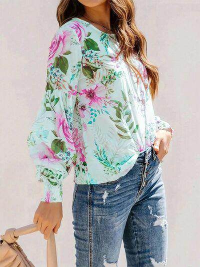 Smocked Printed Round Neck Lantern Sleeve Blouse for Women - Selvanelle