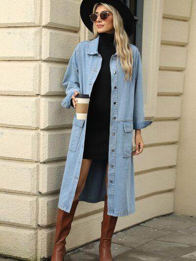 Pocketed Button Down Collared Neck Denim Jacket for Women - Selvanelle