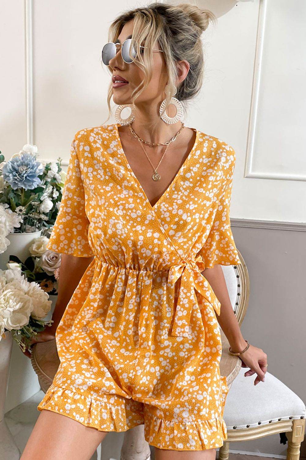 Shiny Printed Surplice Neck Ruffled Romper - Selvanelle