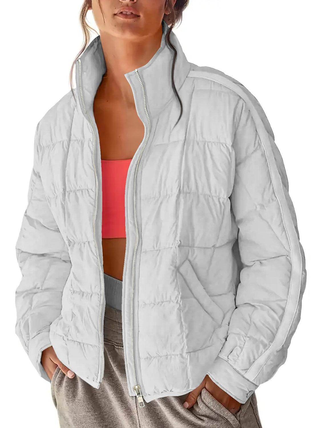 Pocketed Plaid Quilted Zip Up Winter Coat for Women - Selvanelle