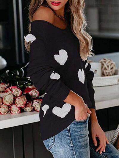 Heart Scoop Neck Long Sleeve Sweater for Women Cozy Style - Selvanelle