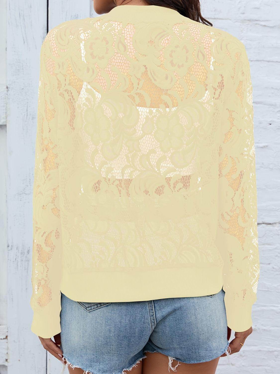 Sheer Lace Zip Up Long Sleeve Jacket for Women Fashion - Selvanelle