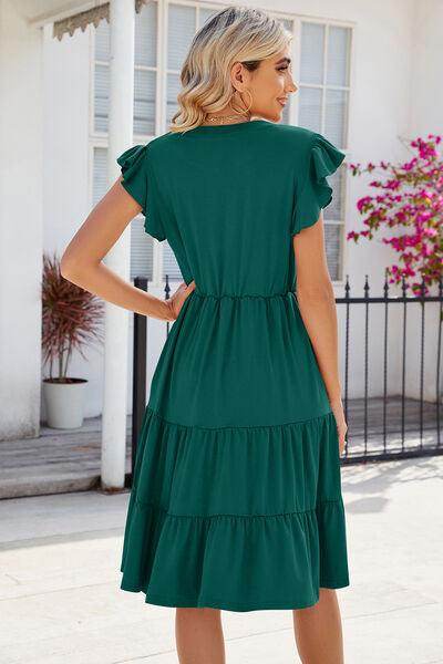Ruched Notched Cap Sleeve Dress with Pockets and Stretch - Selvanelle