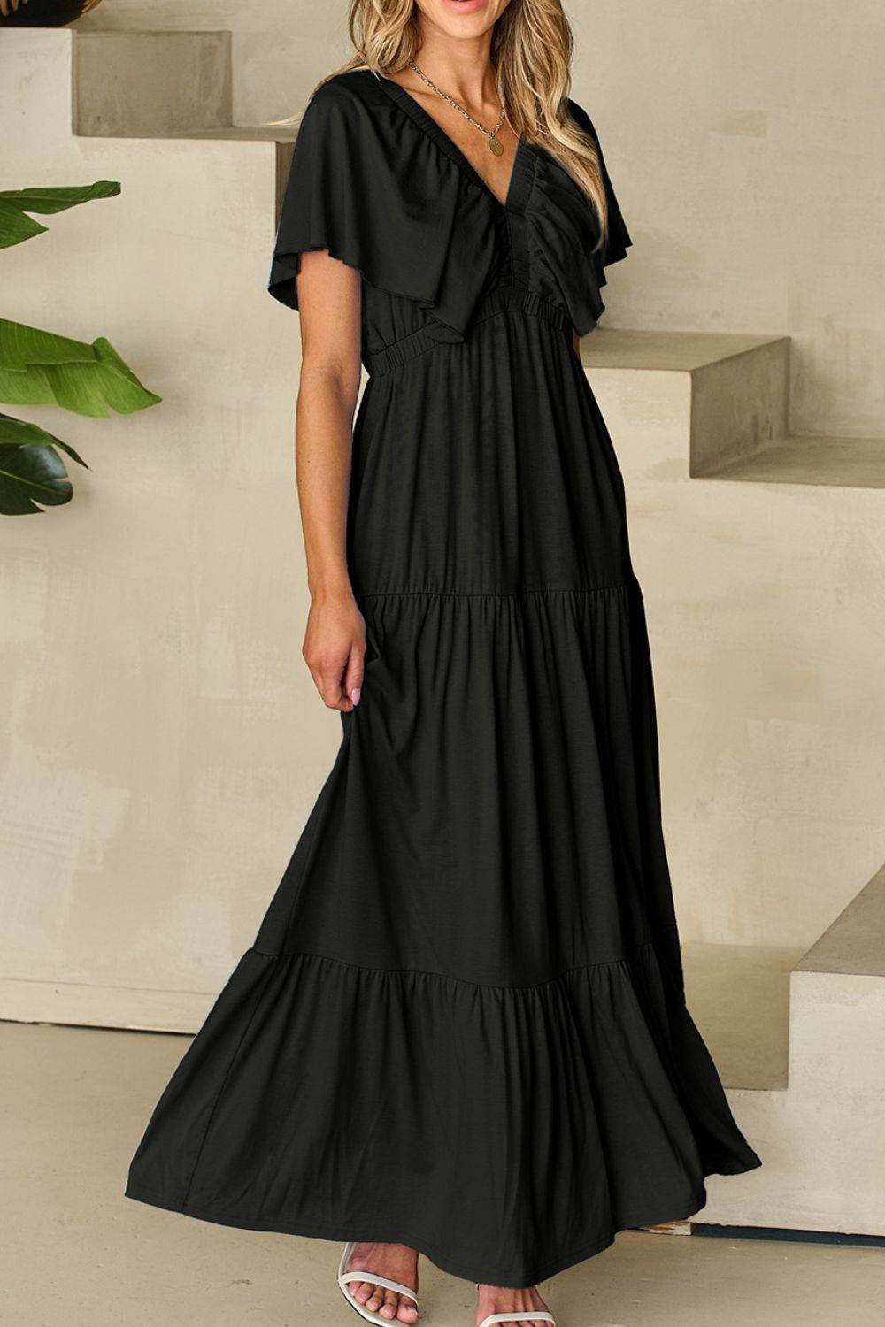 Ruffled V Neck Flutter Sleeve Maxi Dress - Selvanelle