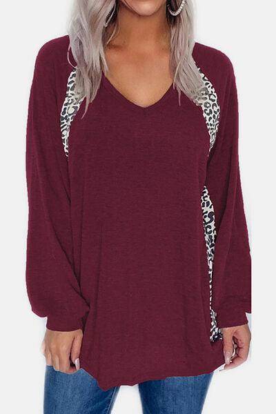 Full Size Leopard V-Neck Long Sleeve T-Shirt for Women - Selvanelle