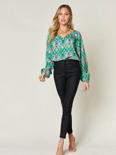 Double Take Full Size Printed Balloon Sleeve Blouse Women - Selvanelle