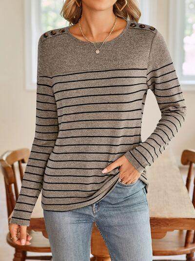 Lovelet Striped Round Neck Long Sleeve T-Shirt for Women - Selvanelle