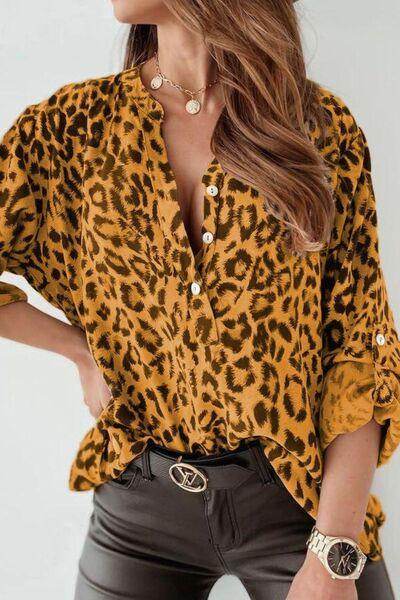 Leopard Button Detail Notched Long Sleeve Blouse for Women - Selvanelle