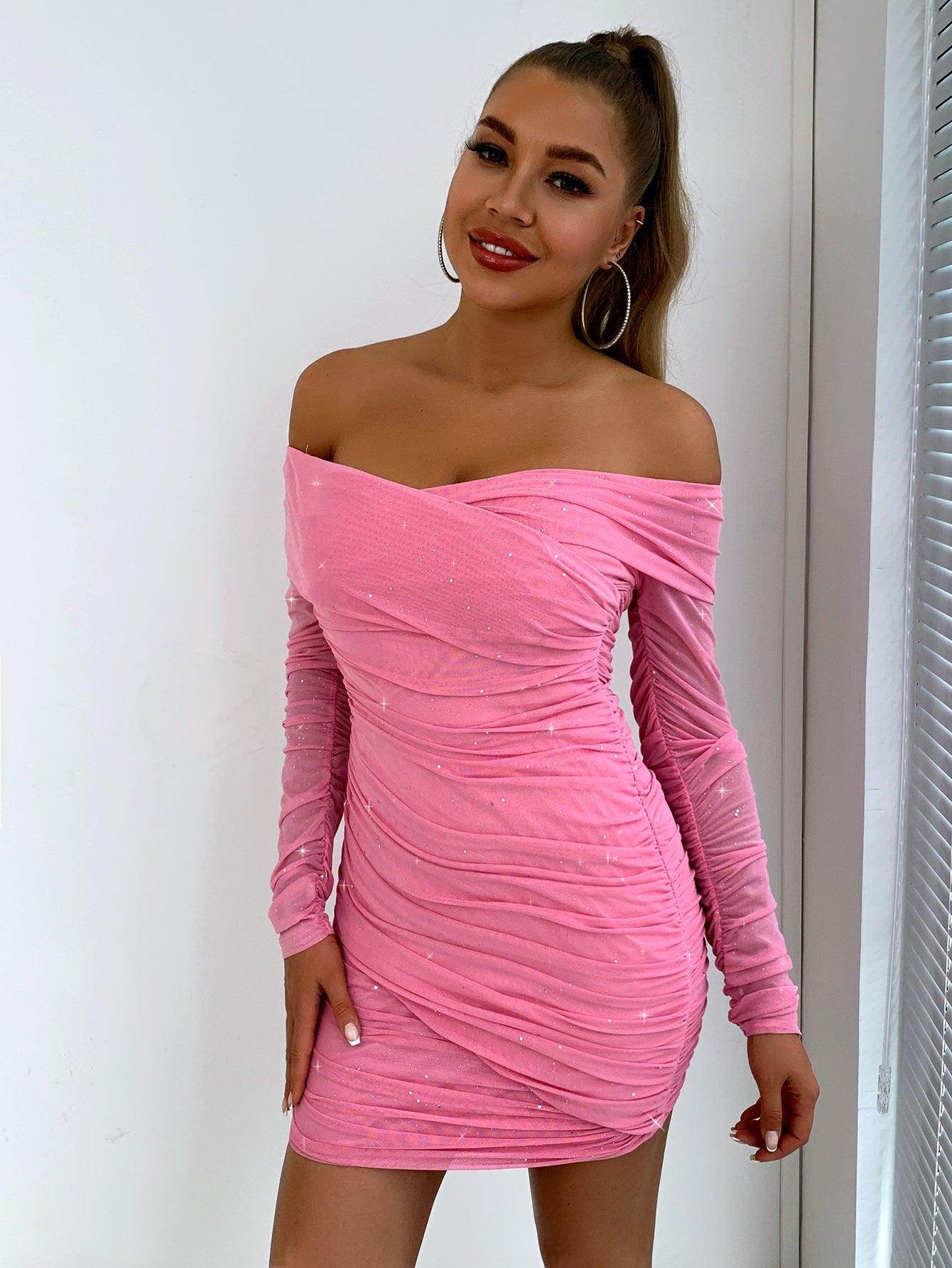 Glitter Ruched Off-Shoulder Long Sleeve Bodycon Dress for Women - Selvanelle