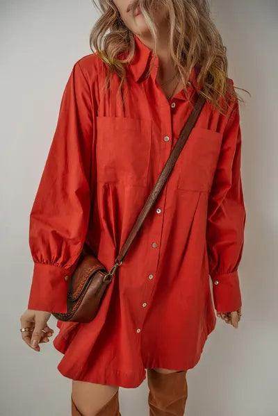 Pocketed Button Down Long Sleeve Shirt Dress for Women - Selvanelle