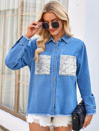 Raw Hem Button Up Long Sleeve Denim Jacket with Sequin Pockets - Selvanelle