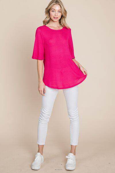 BOMBOM Round Neck Waffle Knit T-Shirt for Cozy Comfort - Selvanelle
