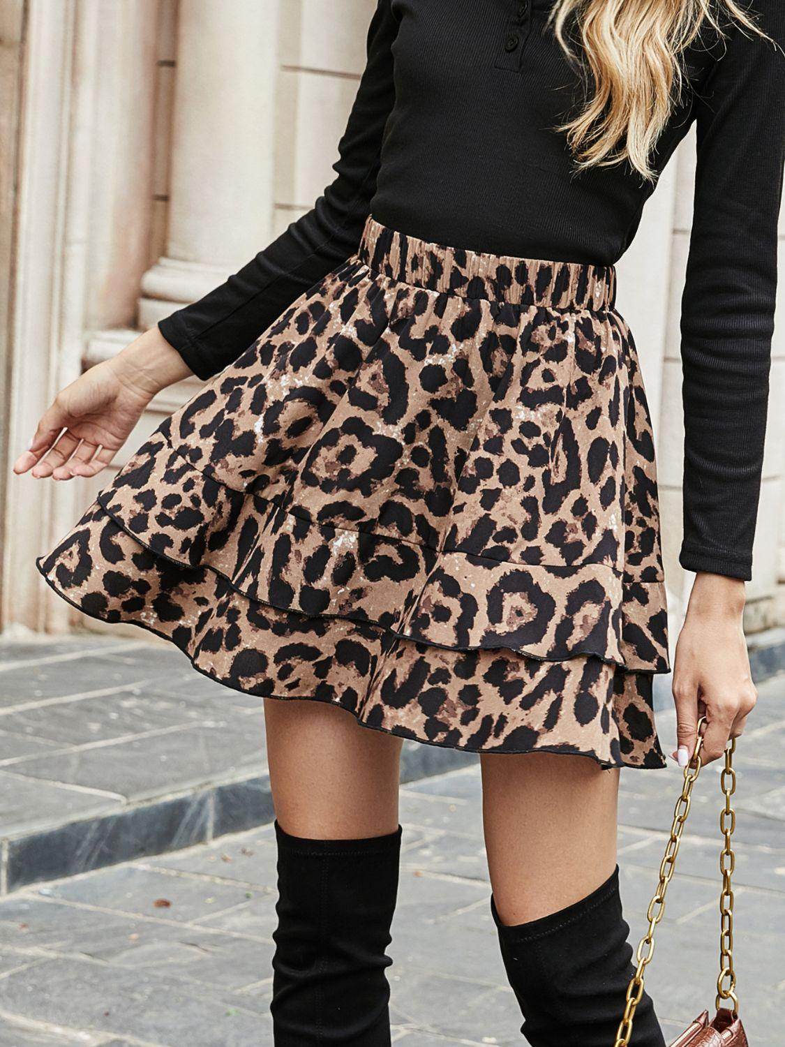 Ruffled Leopard Elastic Waist Skirt for Trendy Style - Selvanelle