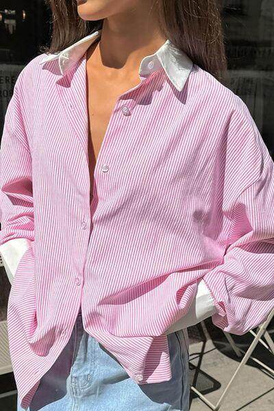 Striped Collared Neck Long Sleeve Shirt for Women Fashion - Selvanelle