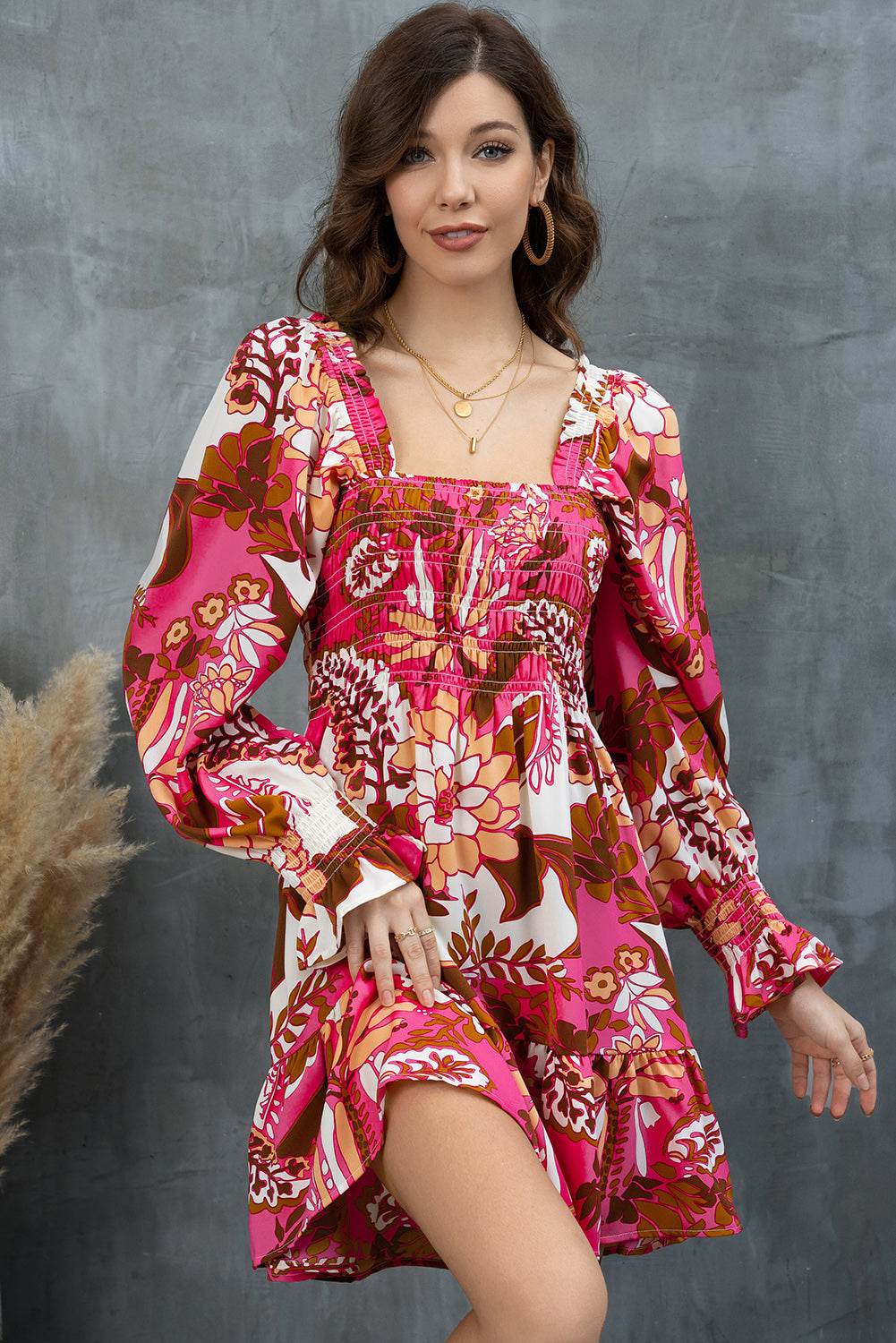 Floral Square Neck Flounce Sleeve Dress - Selvanelle