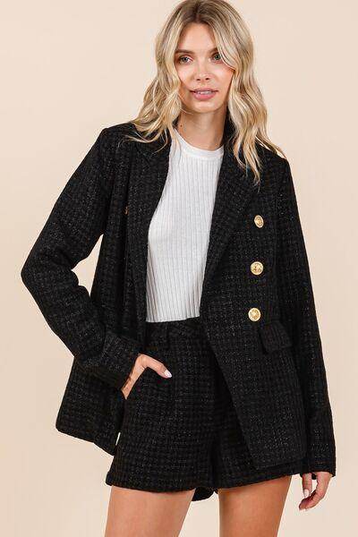 Mittoshop Plaid Texture Double-Breasted Long Sleeve Blazer - Selvanelle