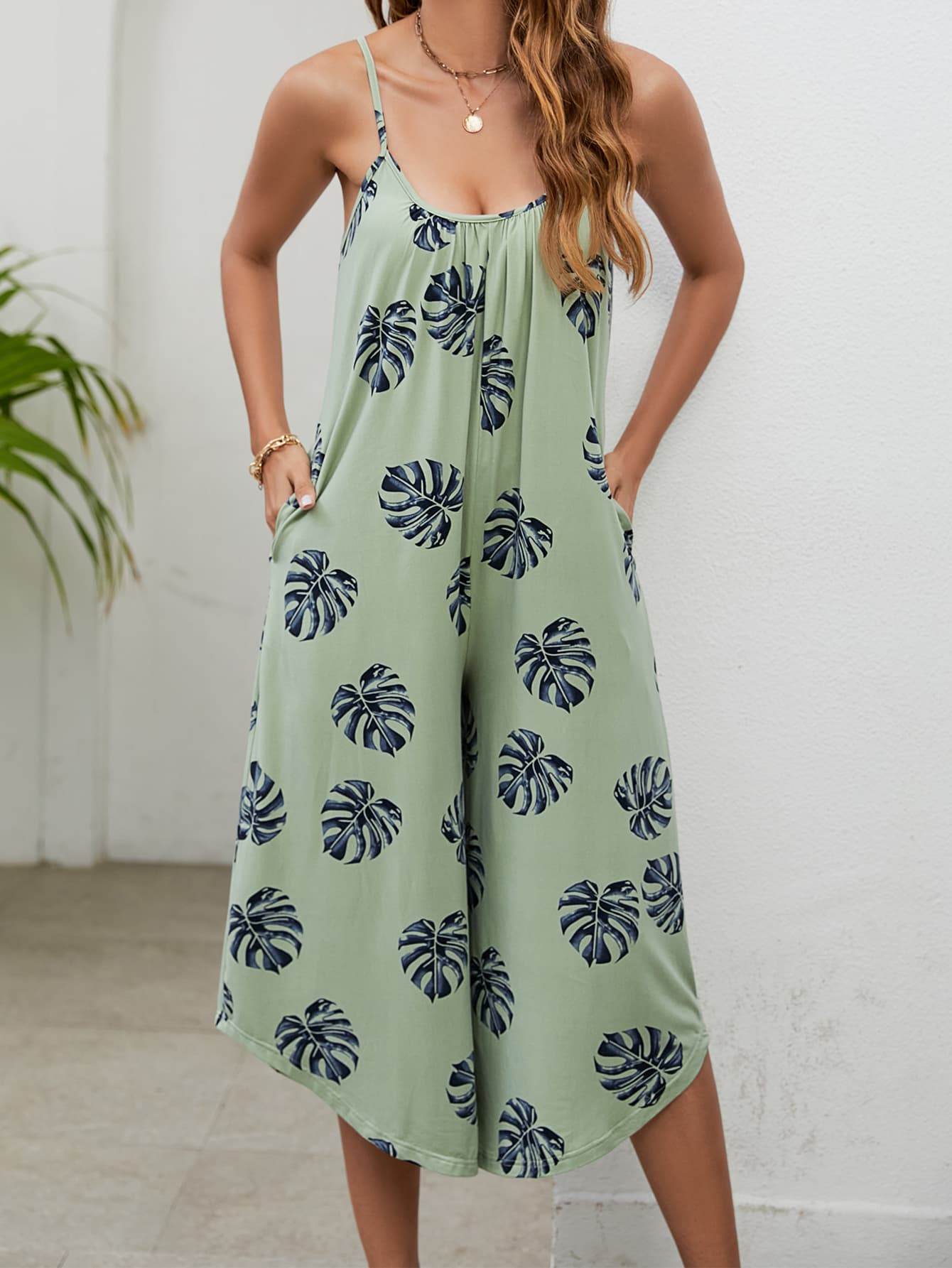 Botanical Print Spaghetti Strap Scoop Neck Jumpsuit - Selvanelle
