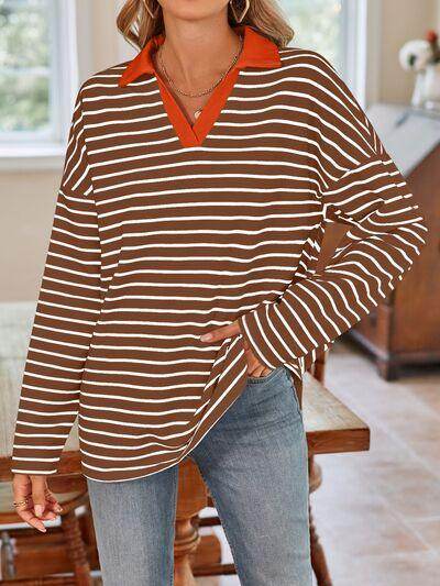 Lovelet Striped Johnny Collar Long Sleeve T-Shirt for Women - Selvanelle