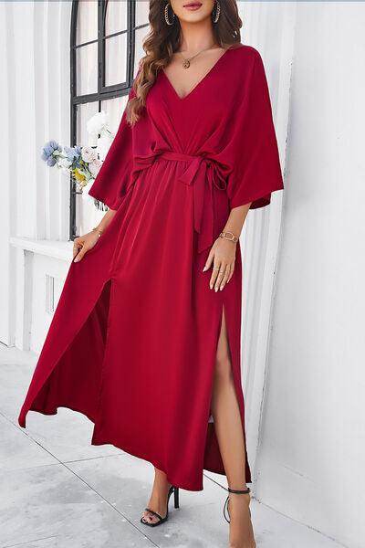 Devine Slit Tied V-Neck Three-Quarter Sleeve Dress for Women - Selvanelle
