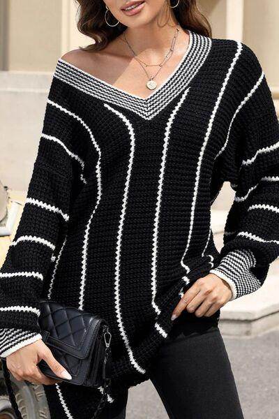 Striped V-Neck Long Sleeve Sweater for Women Fashion - Selvanelle