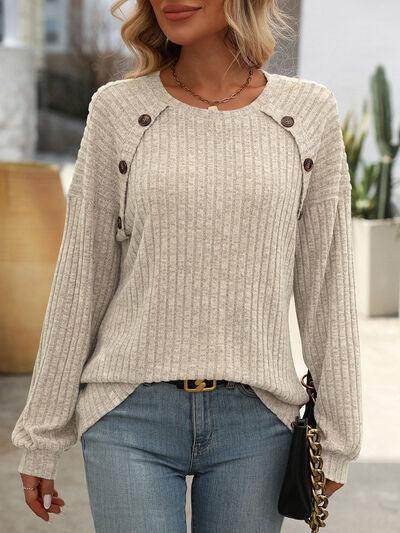 Mandy Decor Button Long Sleeve Ribbed T-Shirt for Women - Selvanelle