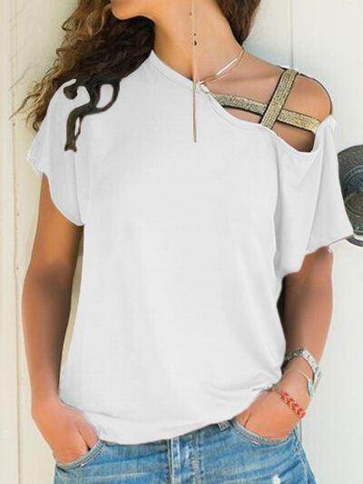 Asymmetrical Neck Short Sleeve T-Shirt for Women Fashion - Selvanelle