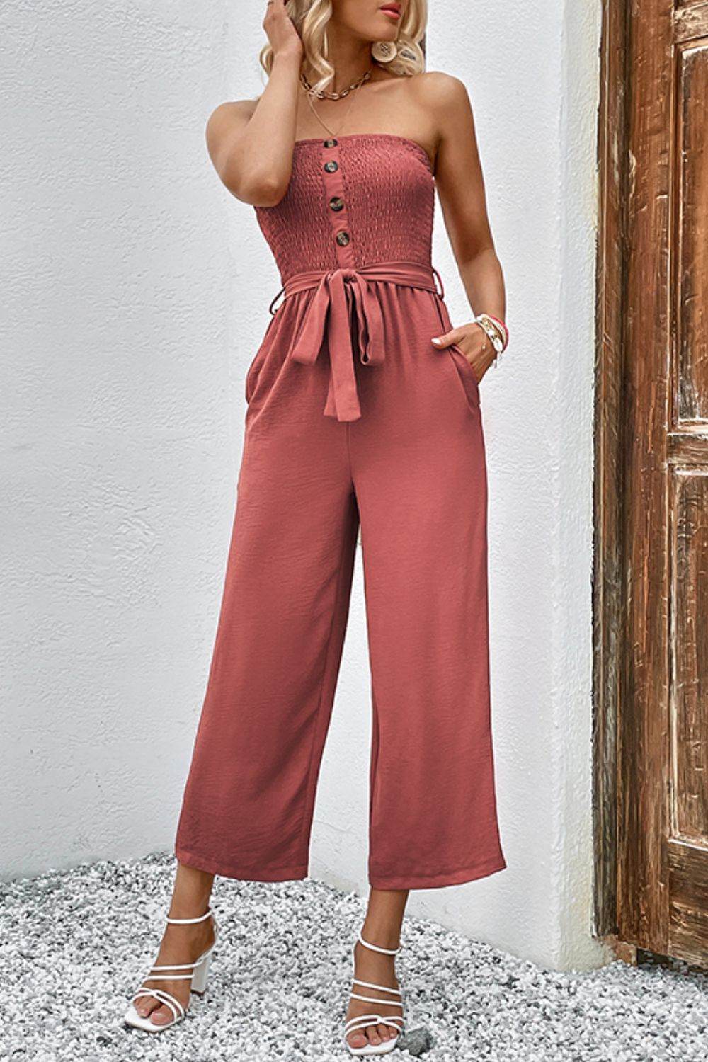 Perfee Decorative Button Strapless Smocked Jumpsuit with Pockets - Selvanelle