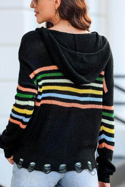 Striped Zip Up Hooded Sweater Cardigan for Women Fashion - Selvanelle
