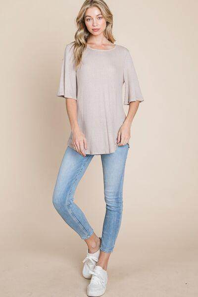 BOMBOM Round Neck Waffle Knit T-Shirt for Effortless Style - Selvanelle
