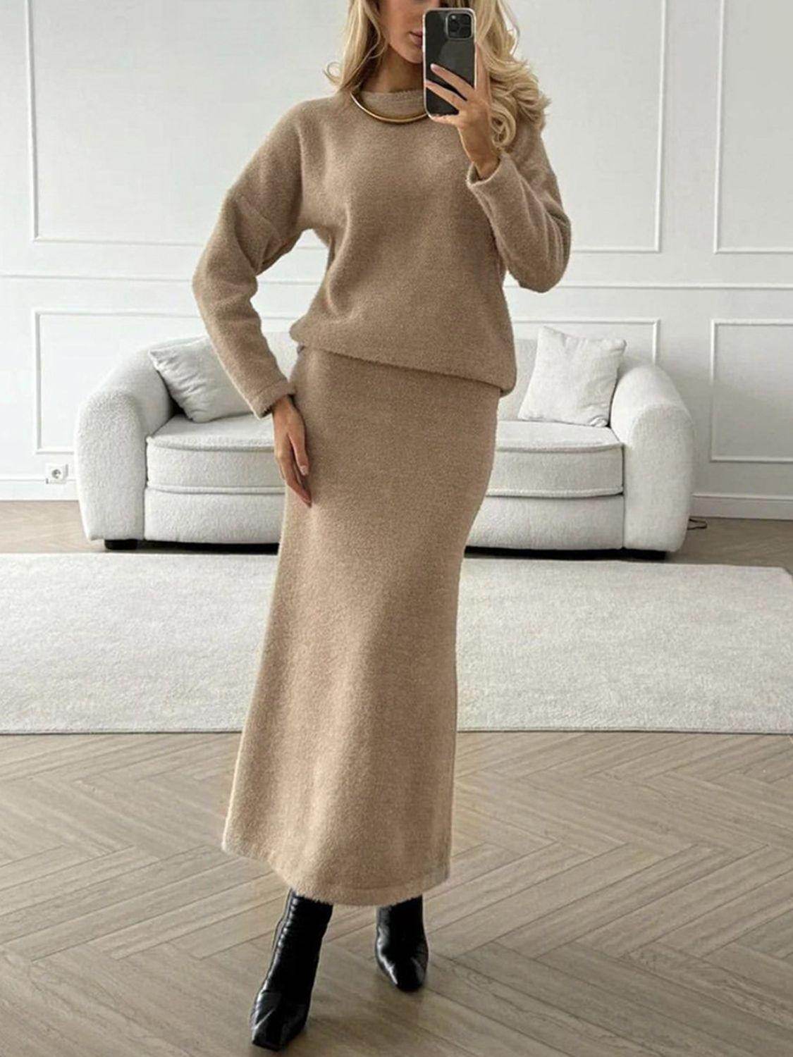Round Neck Dropped Shoulder Top and Midi Skirt Sweater Set - Selvanelle