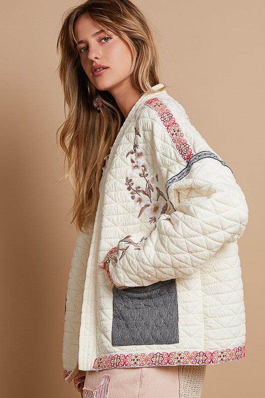 POL Embroidered Open Front Long Sleeve Jacket for Women - Selvanelle