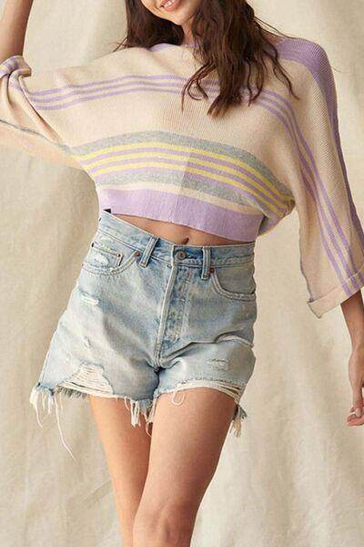 Contrast Striped Round Neck Three-Quarter Sleeve Top for Women - Selvanelle