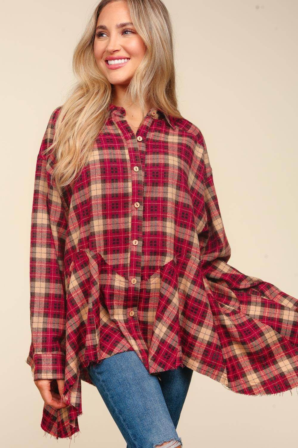 Haptics Plaid Button Down Sharkbite Shirt for Stylish Outfits - Selvanelle