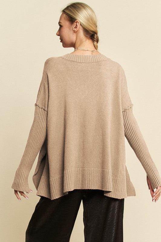 Davi & Dani Ribbed Side Slit V-Neck Sweater for Women - Selvanelle