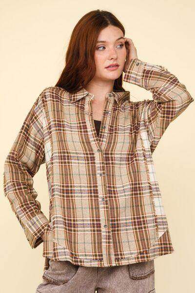 Very J Contrast Plaid Raw Detail Shirt for Casual Chic - Selvanelle