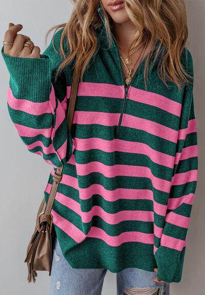 Contrast Striped Quarter Zip Long Sleeve Sweater for Women - Selvanelle