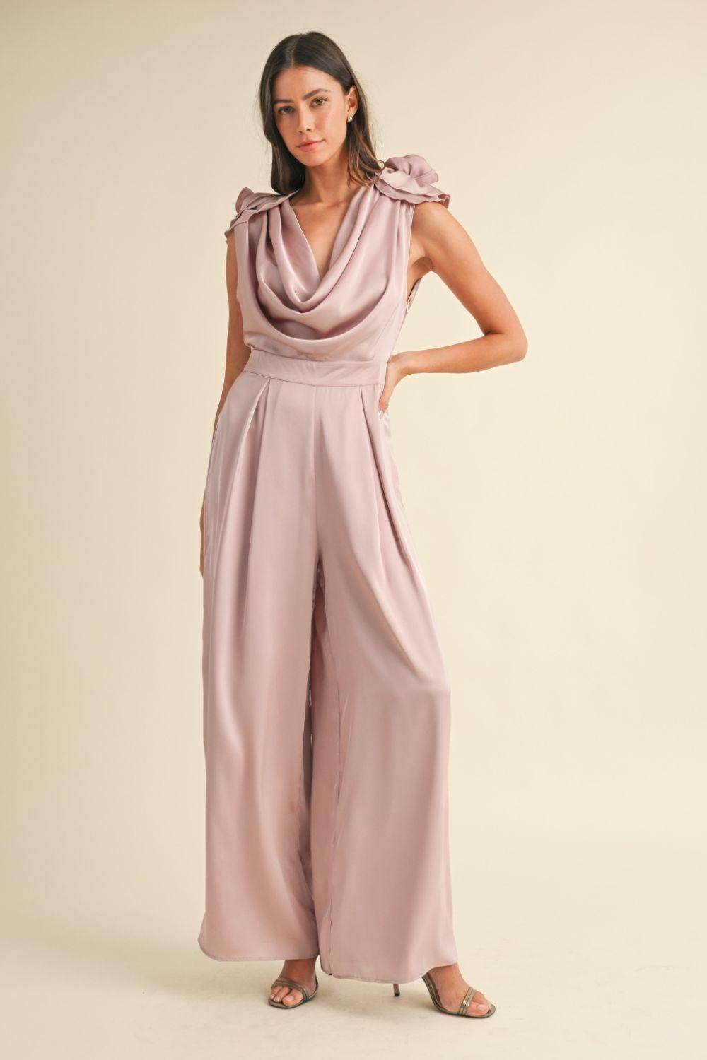 MABLE 3D Floral Applique Deep Cowl Neck Jumpsuit Elegance - Selvanelle