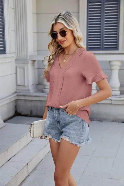 Ruffled V-Neck Short Sleeve Blouse for Stylish Women - Selvanelle