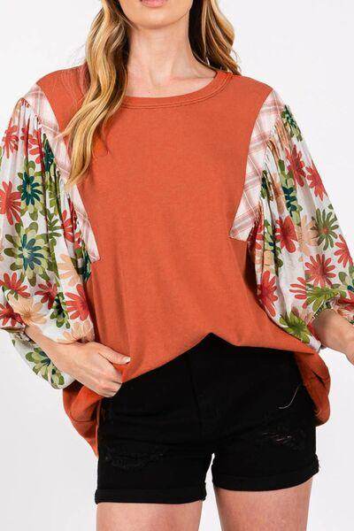 Printed Round Neck Balloon Sleeve Blouse for Women - Selvanelle