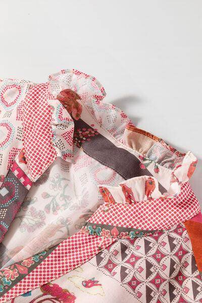 Patchwork Printed Notched Flounce Sleeve Shirt for Women - Selvanelle