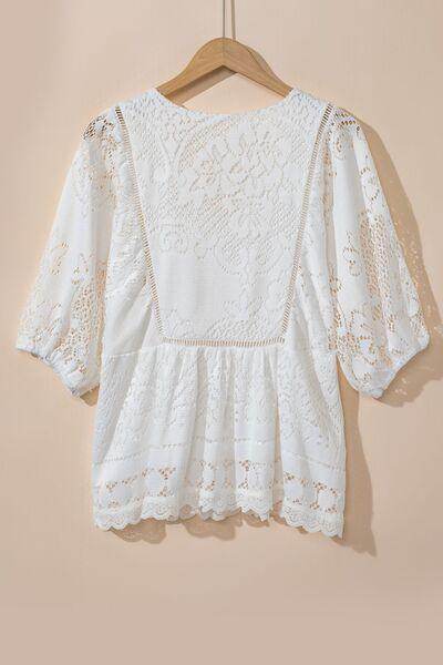 Lace Crochet Hollowed Scallop Hem V Neck Blouse for Women - Selvanelle