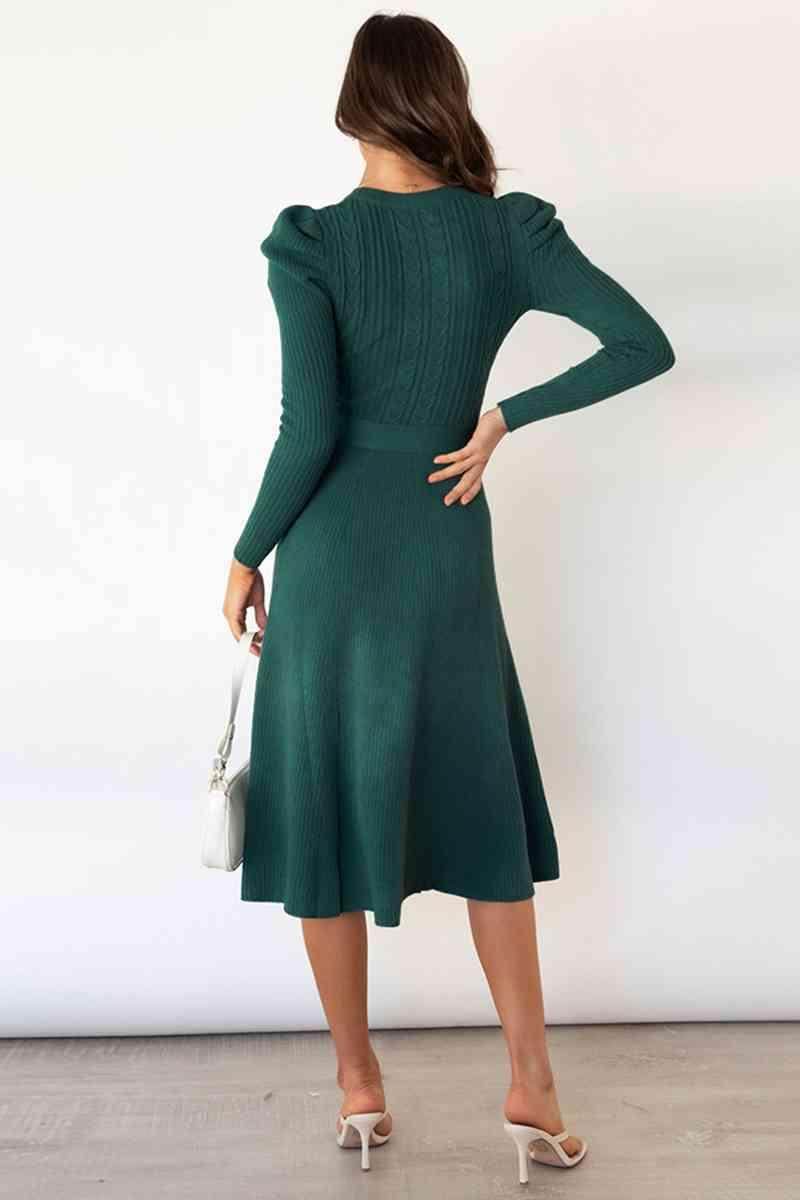 Round Neck Long Sleeve Tie Waist Sweater Dress for Women - Selvanelle